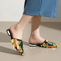 Women's New Spring/Summer Pointed Shining Nightclub Sexy Genuine Leather Low Heel Large and Small Baotou Muller Slippers 46 48