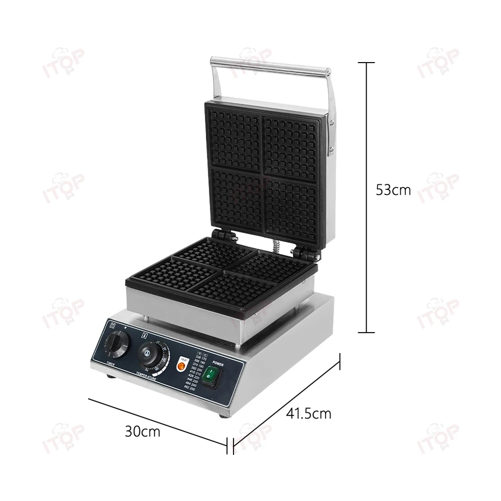 ITOP 4 pcs Commercial Waffle Machine Non-Stick Double-Sided Constant Heating 1750W Each Waffle Size about 11*11 cm