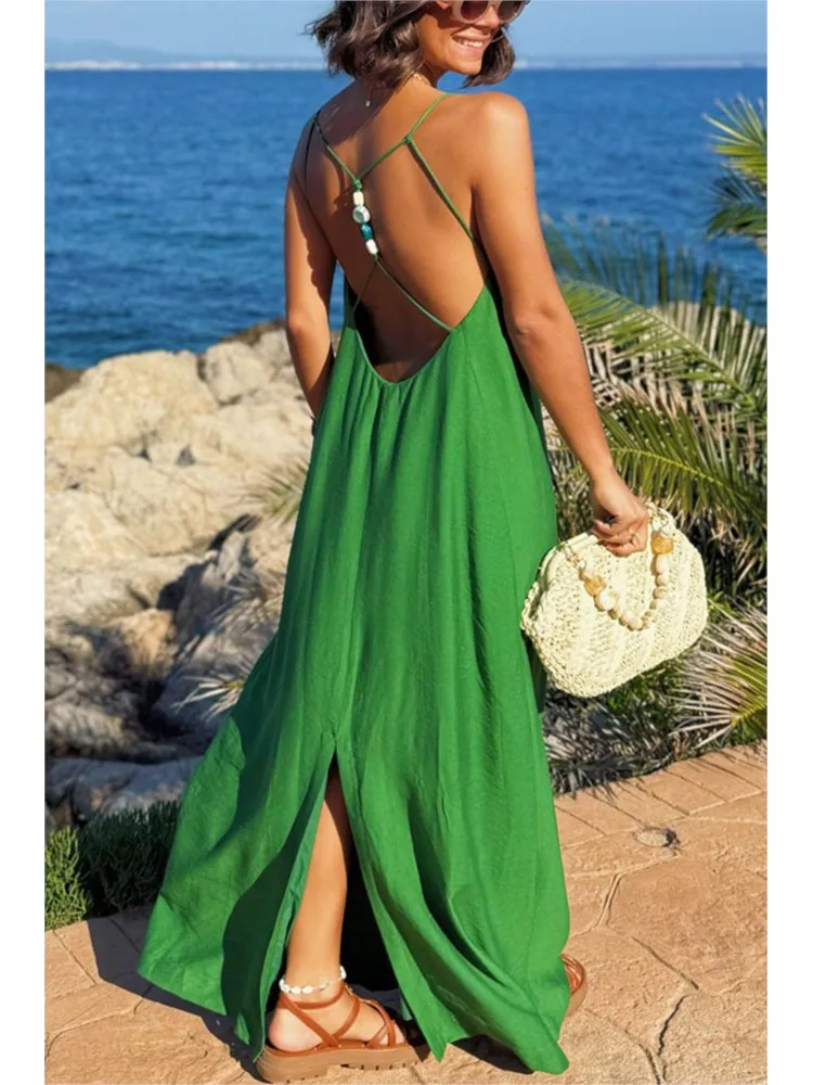

Summer New Boho Maxi Dress For Women's Spaghetti Strap Loose Deep V-neck Solid Beach Holiday Fashion Casual Dresses Robe Femme