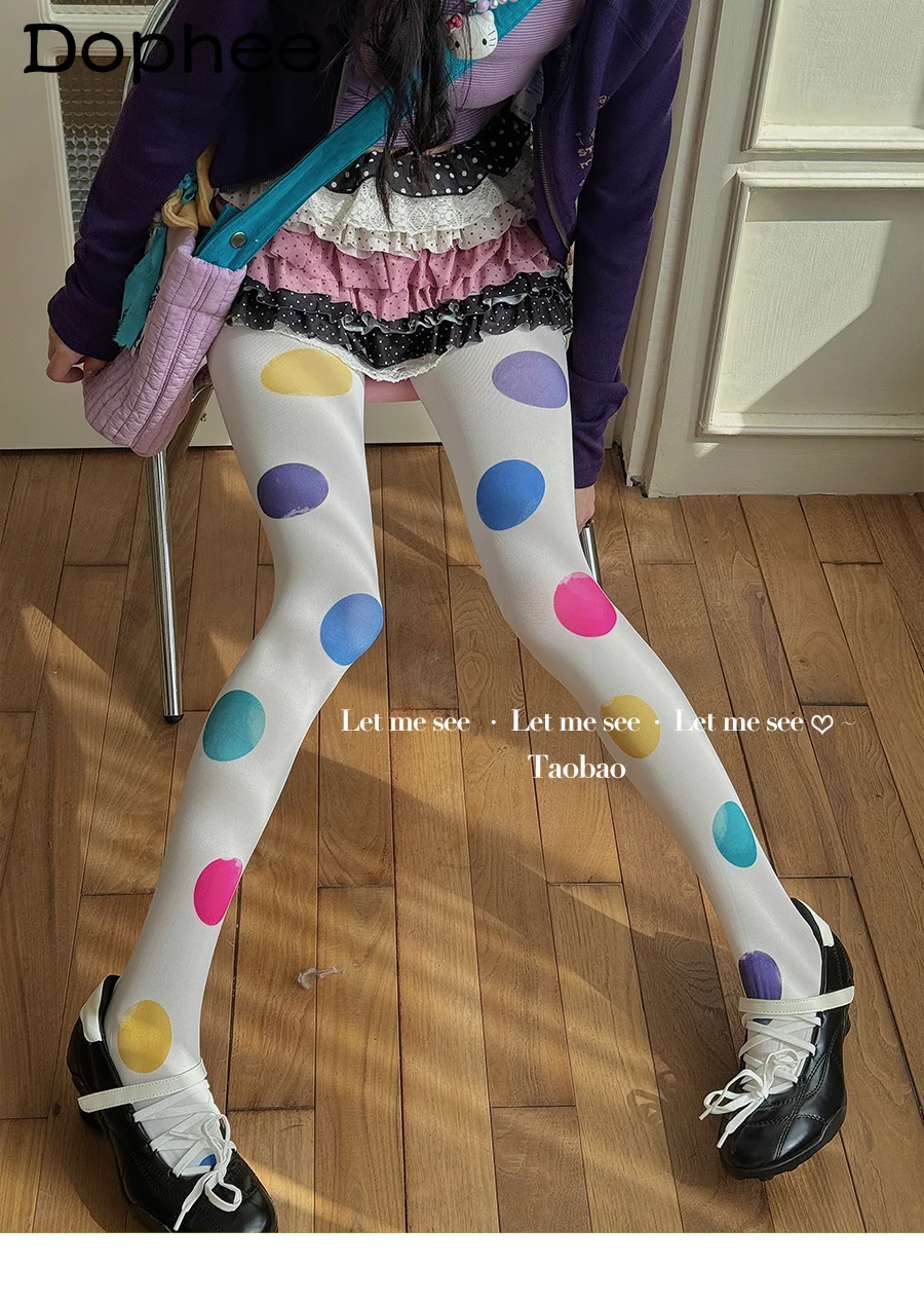 

Japanese Original Lolita Sweet Cool Girl Colorful Polka Dot White Base Stockings Cartoon Cute Printed Pantyhose