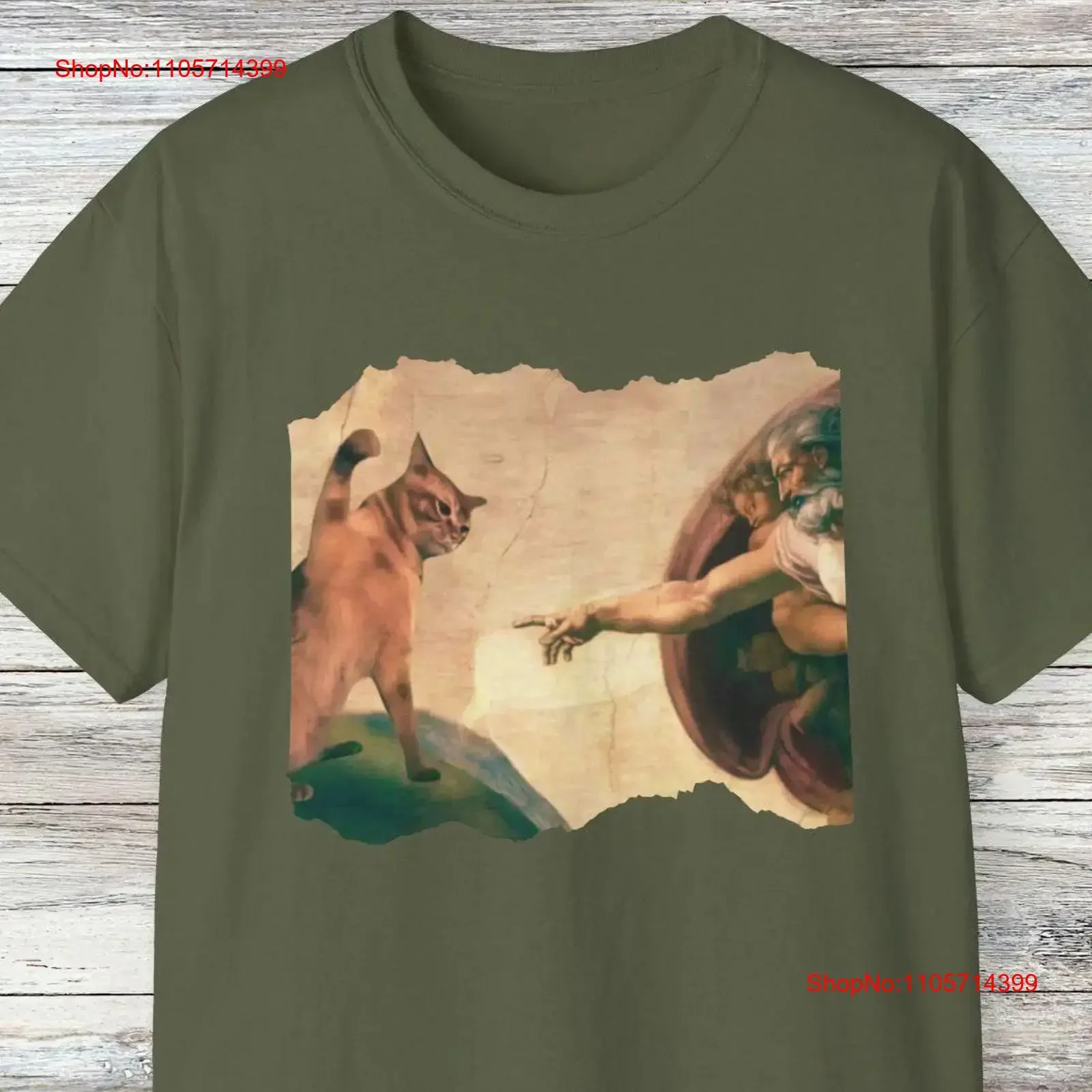 The Divine Swipe T Shirt Funny Cat Swatting God's Hand Michelangelo Parody Art vintage Washed Unisex Soft Stretched