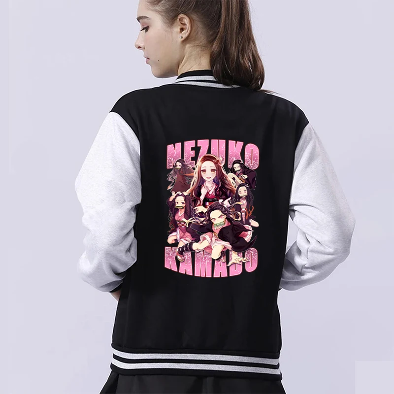 

New Women Men Baseball Uniform Autumn Winterjacket Coat Kamado Nezuko Printing Baseball Jacket Harajuku Street Style Coat