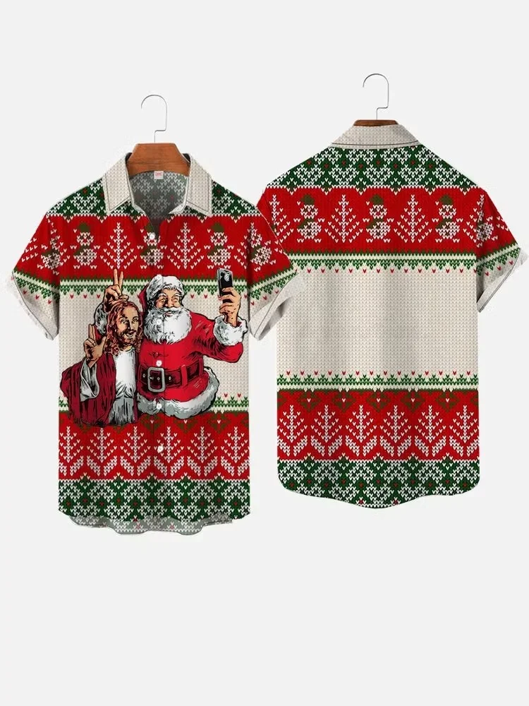 Christmas National Style Jesus And Santa Claus Selfie Printing Short Sleeve Shirt 3D Printed Men's Hawaiian Shirt