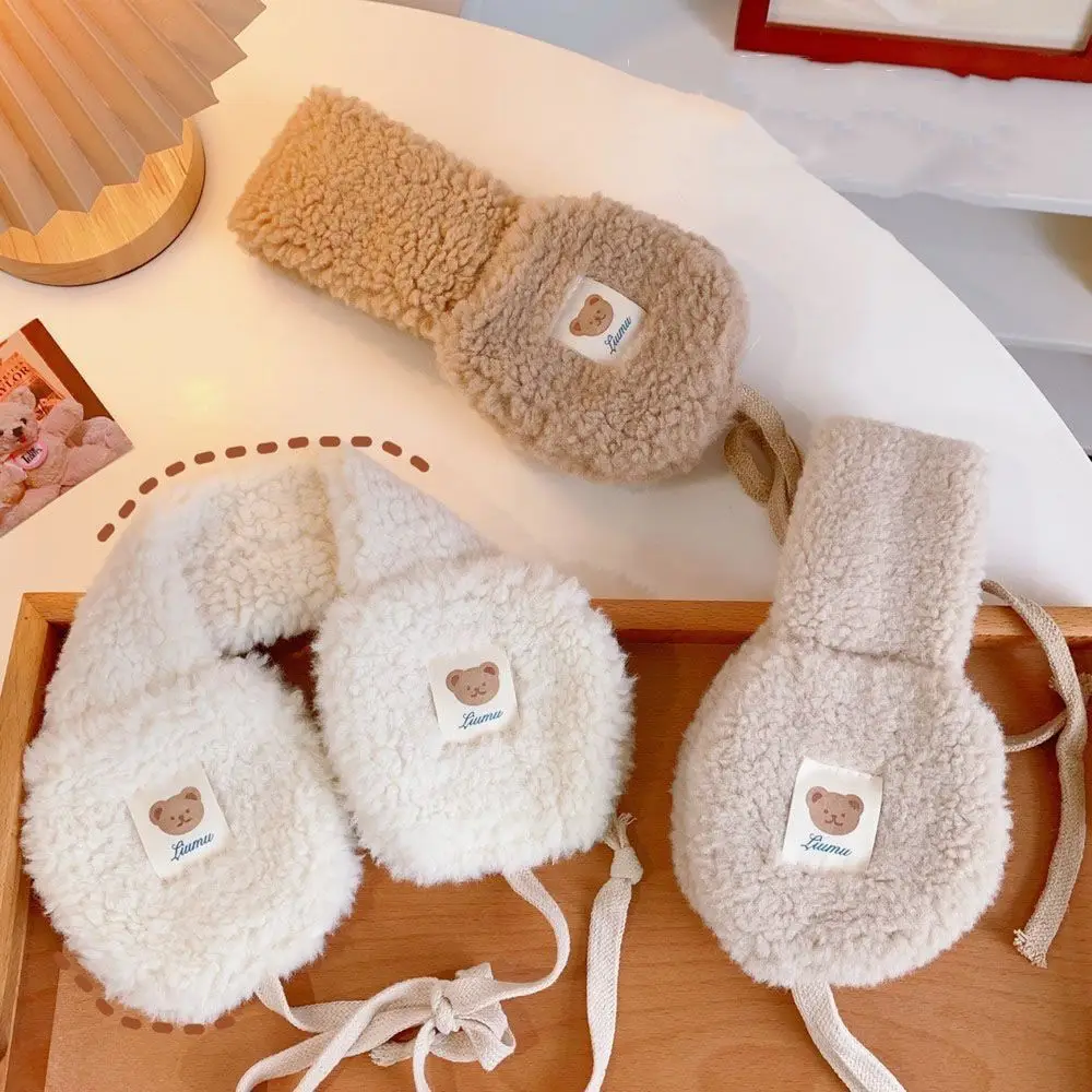 Fashion Cute Bear Tie Plush Earmuffs Foldable Cold Protection Ear Warmer Outdoor Riding Windproof Soft Plush Earflap Women Girls