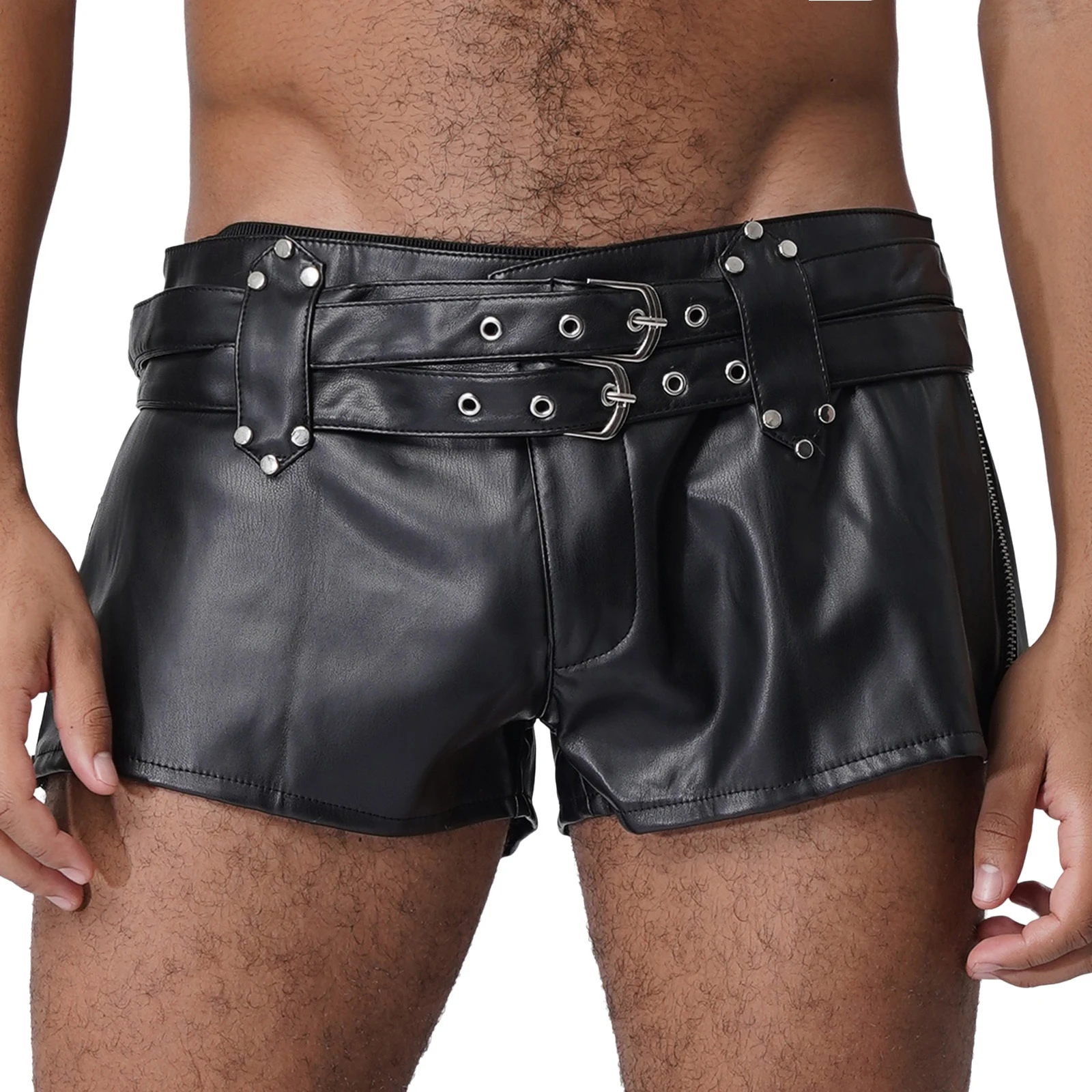 سراويل قصيرة عصرية للرجال من جلد البولي يوريثان، سراويل قصيرة منخفضة الارتفاع مع أحزمة مزدوجة قابلة للتعديل لحفلات مهرجان الموسيقى في الملهى الليلي