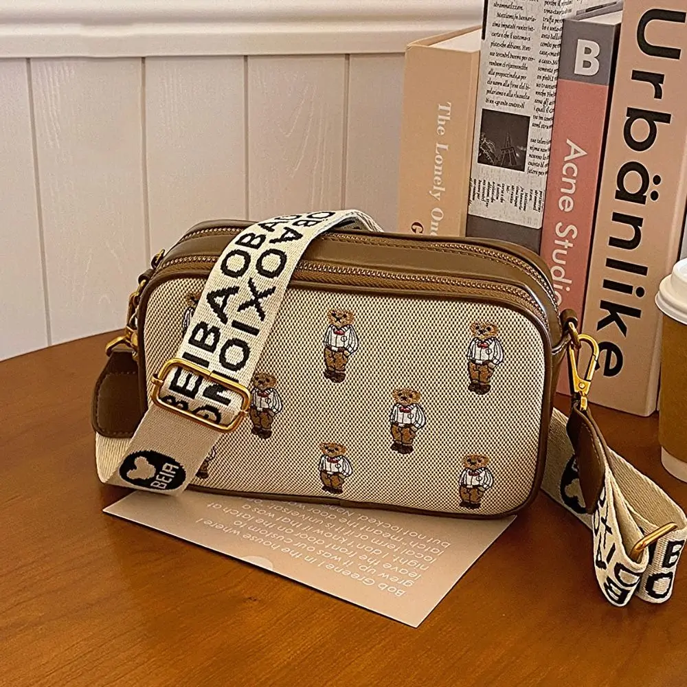 Cute Little Bear Embroidery Women Shoulder Bag PU Leather Square Crossbody Bag Zipper Large capacity Travel Phone Bag