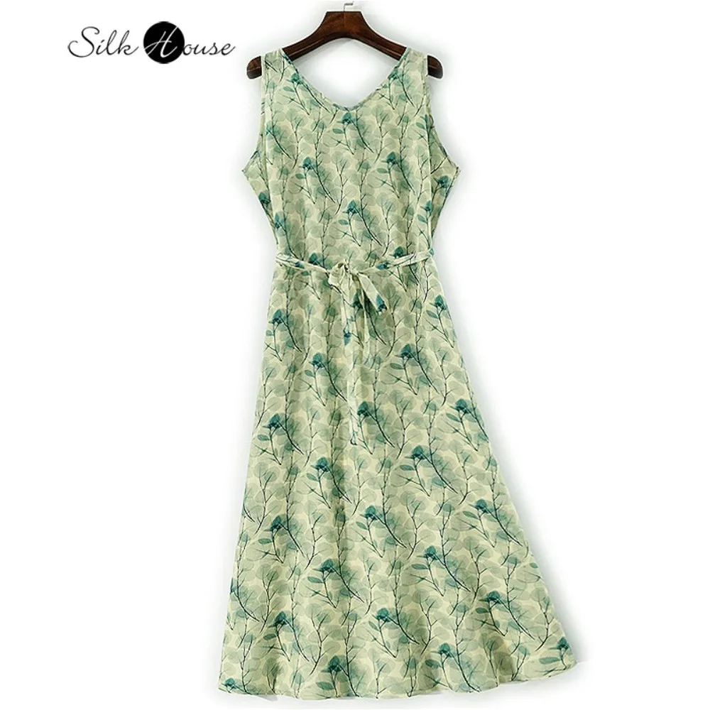 

Women's Clothing 100% Natural Mulberry Silk Crepe De Chine Minimalist V-neck Sleeveless Refreshing Green Tree Leaf Print Dress