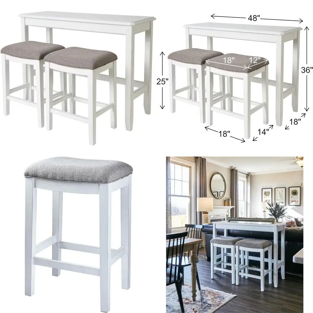 Classic Wooden Sofa Table Set with Two Matching Stools in White