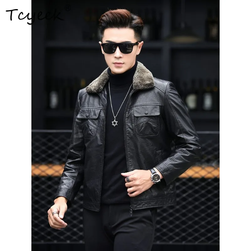 Tcyeek Real Leather Man Jackets Winter Clothes Natural Cowhide Coat Men White Duck Down Liner Detachable Lamb Wool Collar Trendy