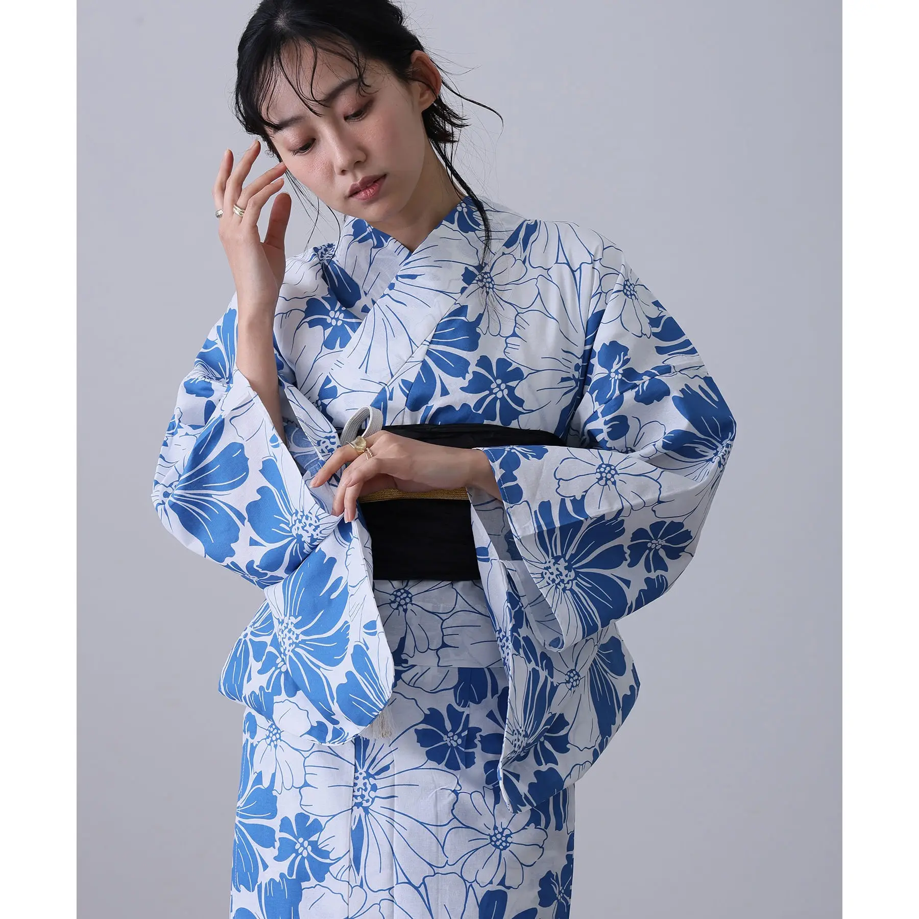 Yukata Tradicional, Kimono de Algodón y Lino, Vestido Azul Oscuro para Niñas, Ropa Étnica China de Verano para Mujer