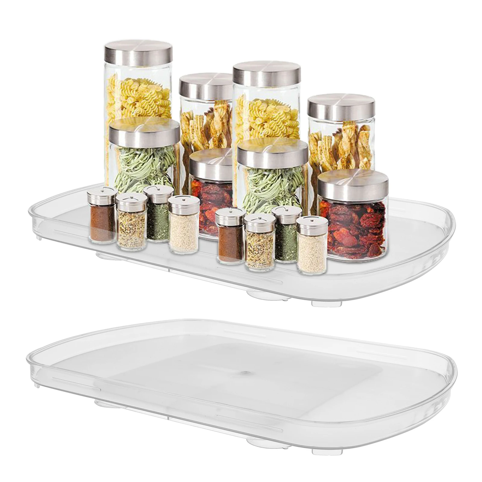 

2Pcs Rectangular Rotating Storage Tray Kitchen Spice Jars and Sundry Organization Turntable Transparent Fridge Drink Shelf