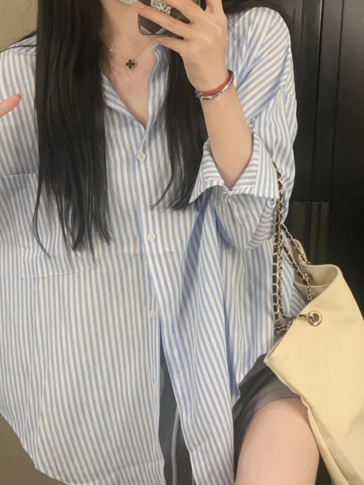 سترة قميص فضفاضة بأكمام طويلة مخططة باللون الأزرق للنساء، تصميم جديد لربيع وخريف، ملابس خارجية كارديجان قصيرة #1