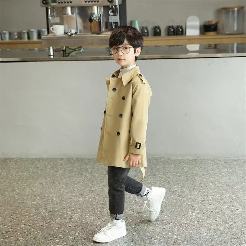 

2025 New Children's Trench Coat Spring and Autumn Korean Version Solid Color Boys' Casual Mid Length Jacket 120-170CM