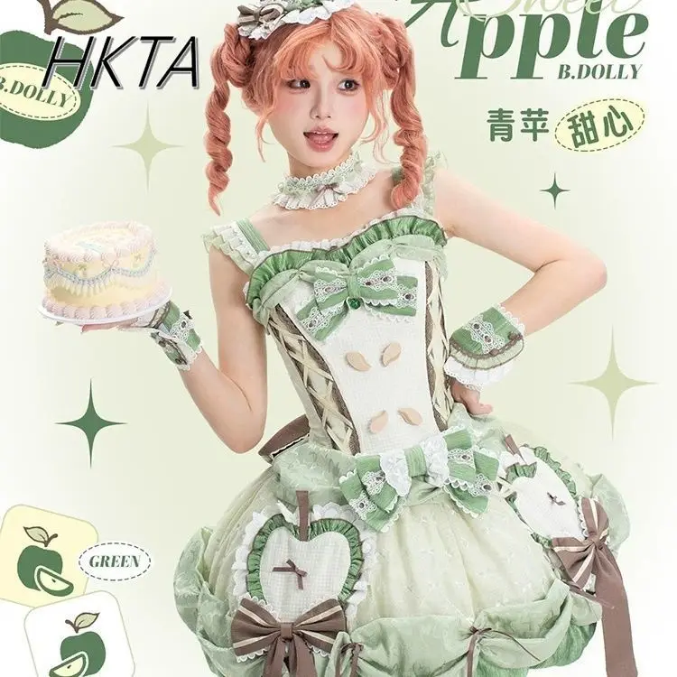 Lolita Kant Boog Taille Groene Jarretel Jurken JSK Vrouwelijke Zoete en Leuke Zomer Slim Fit Vliegende Mouwen Korte Bud Jurken Vrouwen