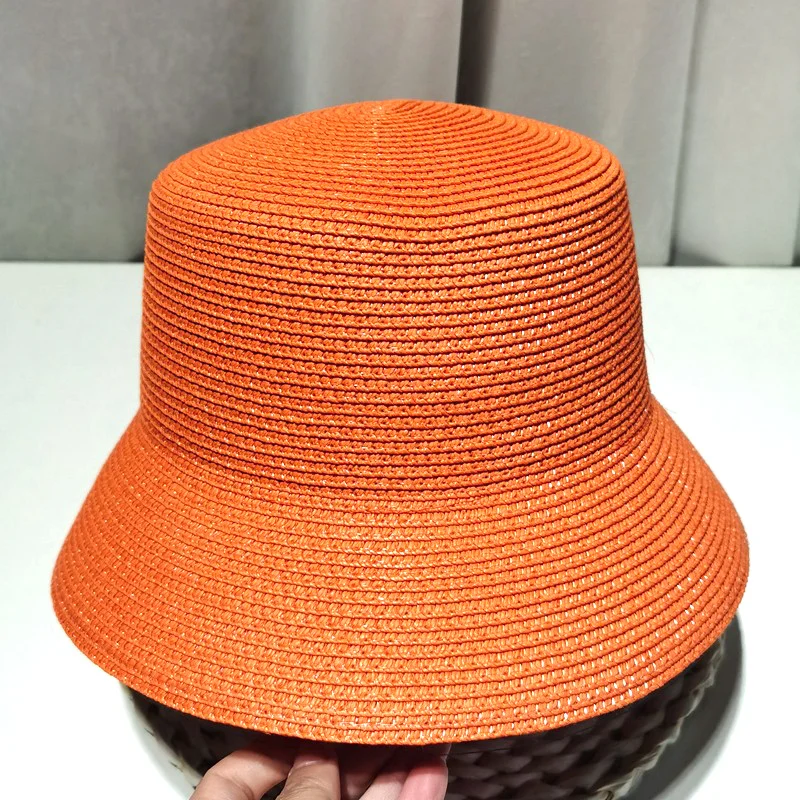 women\'s hat Flat HAT straw hat solid Flat bucket hat foldable basin hat vintage bucket straw hat summer beach sunhat sun