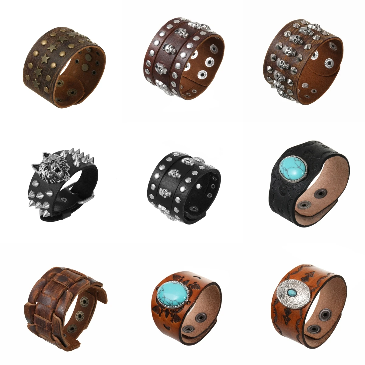 

Brown Leather Bracelets Men's Leather Cuff Bracelet Adjustable Wristband Bracelet Jewelry Gift