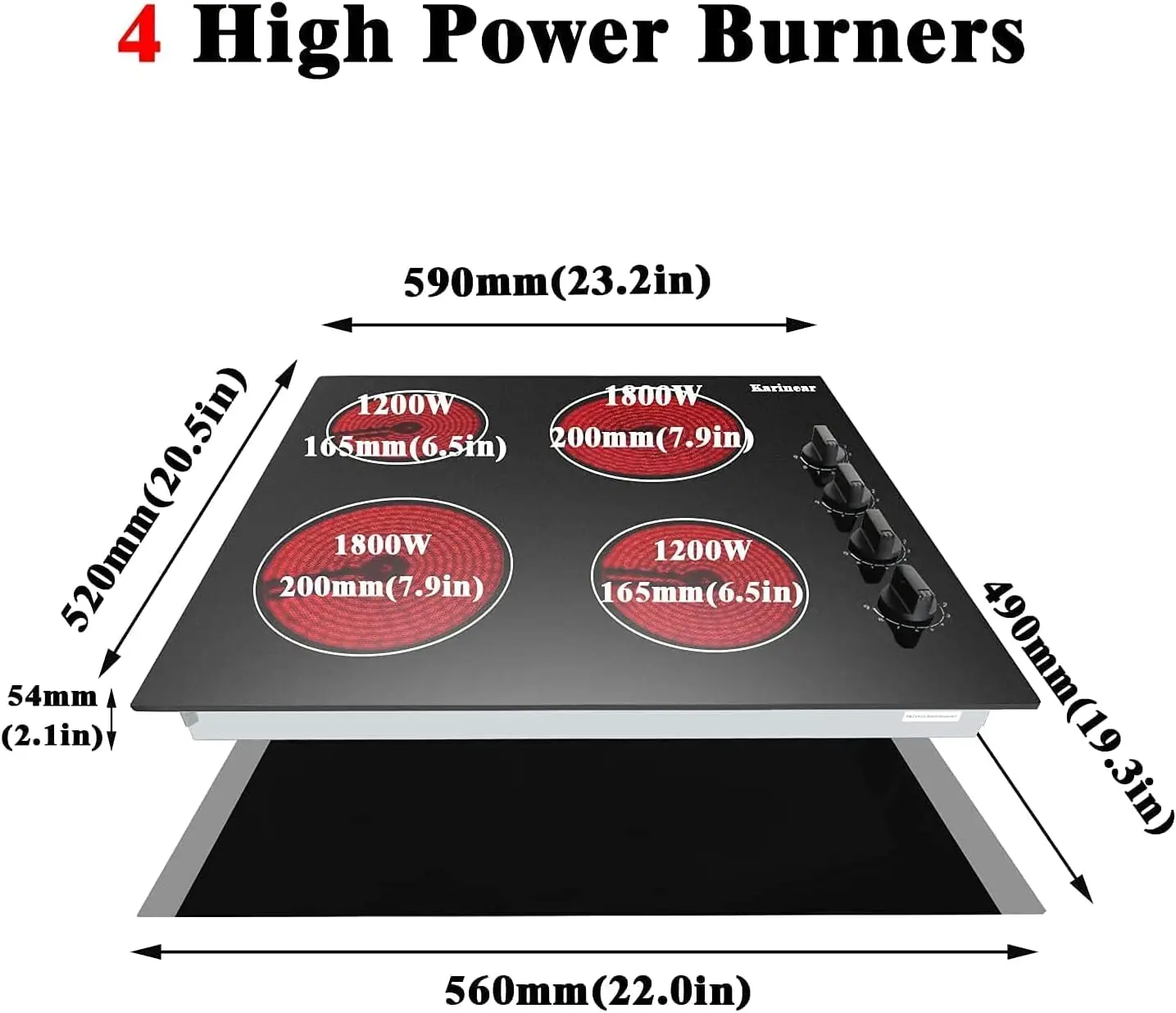Karinear Placa vitroceramica 4 Fuegos 60cm, Mando por botón, Apagado automático, Indicador de calor residual, Sin enchufe, Vitrocerámica negra (6000 W)