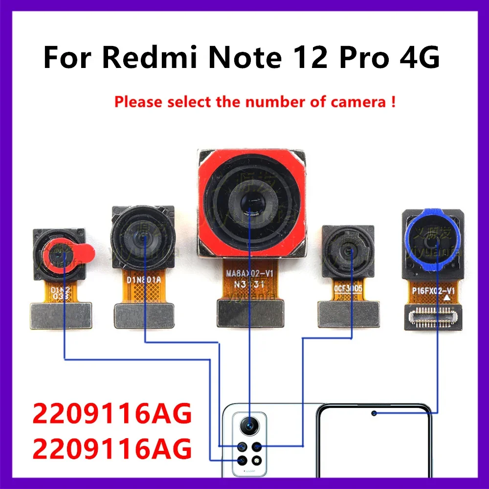 Cámara frontal y trasera para Xiaomi Redmi Note 12 Pro 4G, módulo de cámara principal trasera, cable flexible, piezas de reparación para smartphone
