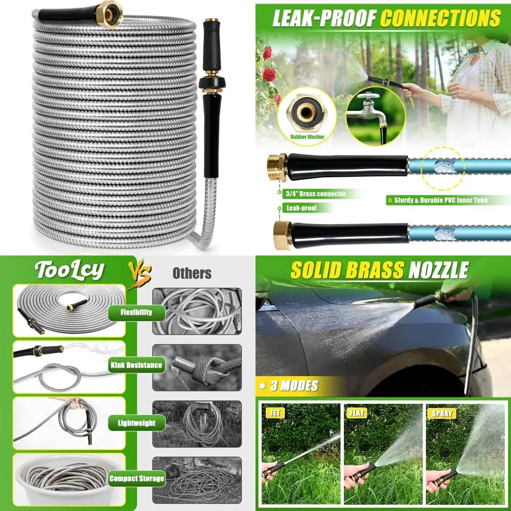 

Stainless Steel 75-Foot Garden Hose with Brass Nozzle - Flexible, Kink-Free, Heavy-Duty, Lightweight, Long-Lasting Water Hose fo