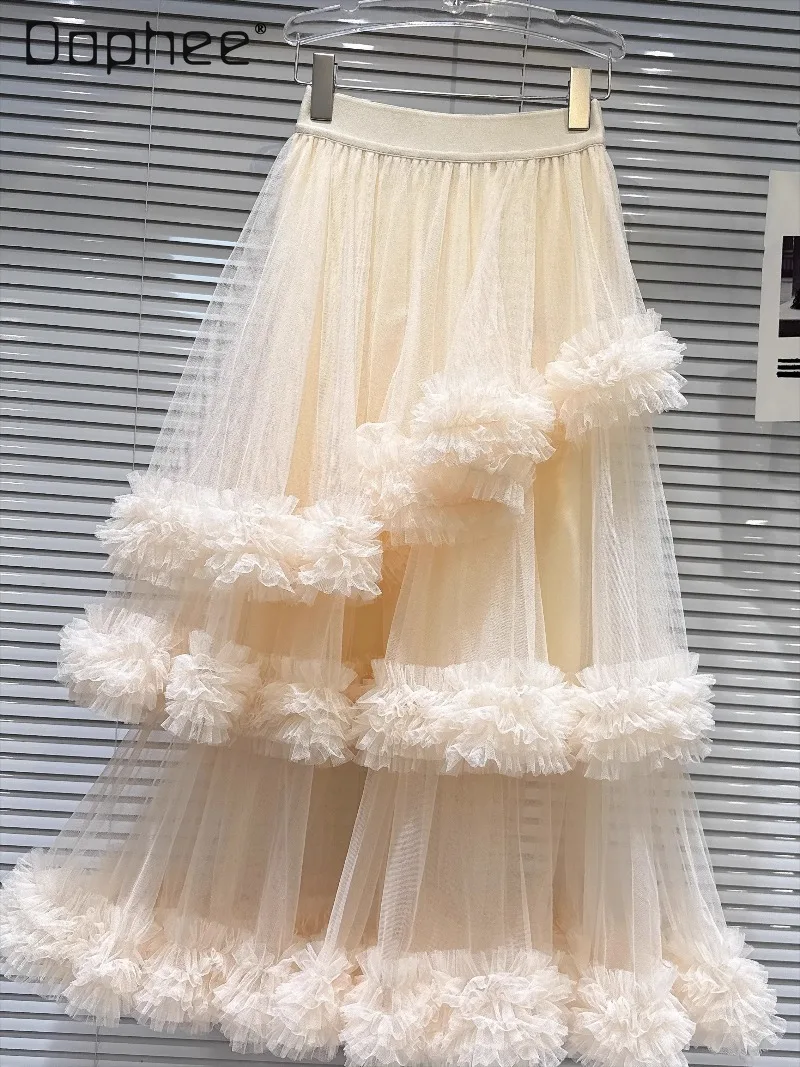 

French Sweet Multi-layer Asymmetrical Splicing Mesh Skirt Korean Ins Trendy Puffy Skirts Solid Color Versatile Long Skirt Women