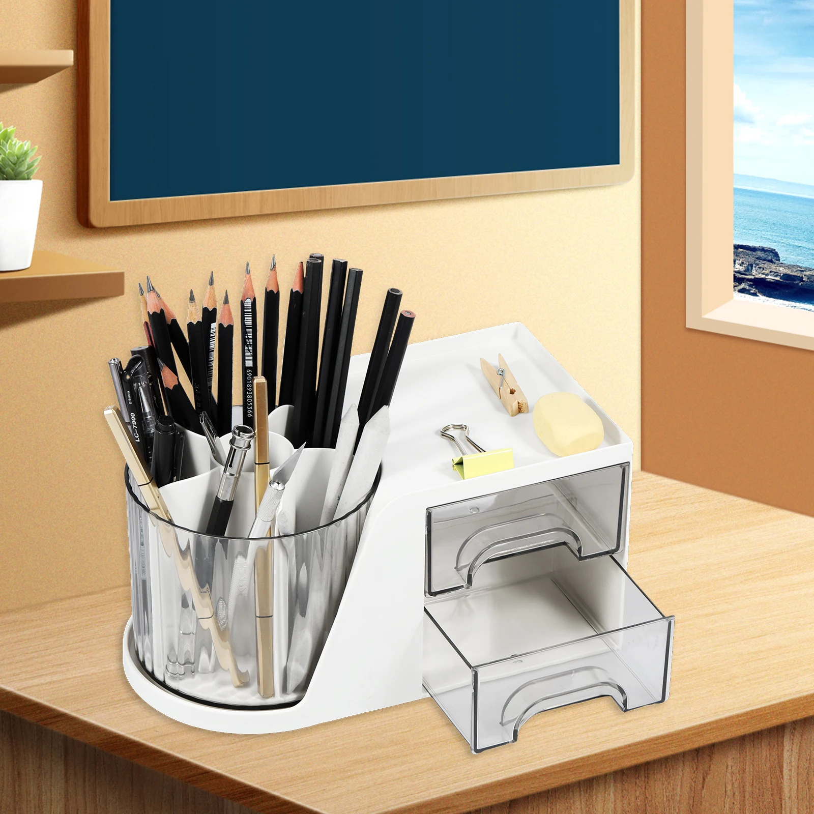 Rotating Desk Organizer with 2 Drawer 360° Rotating Desk Pencil Pen Holder Multifunctional Makeup Brush Holder Large Capacity