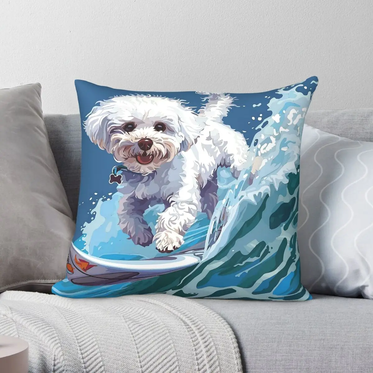 Surfing Bichon Frisﾩ Square Pillowcase Polyester Linen Velvet Printed Zip Decor Throw Pillow Case Home Cushion Case