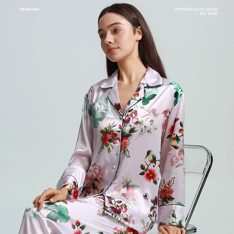 

Топы и брюки с длинными рукавами и принтом из 100% тутового шелка, пижамный костюм, кардиган на пуговицах с лацканами, одежда для сна, осенний пижамный комплект PJ