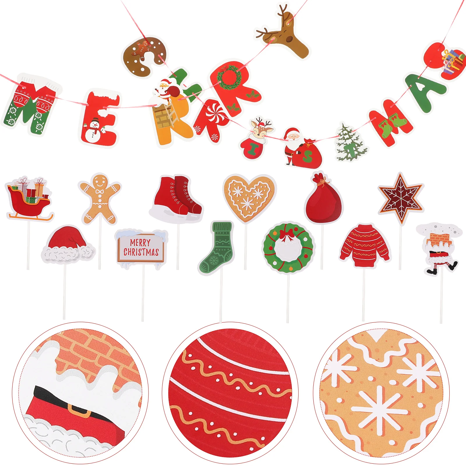 

Christmas Party Decoration Flag Set Hanging Banner Paper Cake Picks Indoor Outdoor Wall Christmas DIY Merry Holiday Decor