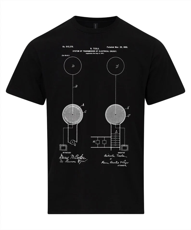نيكولا تيسلا نظام نقل الطاقة الكهربائية تي شيرت تكنولوجيا تسلا الهندسة الكهربائية شخصية التفكيك عادية