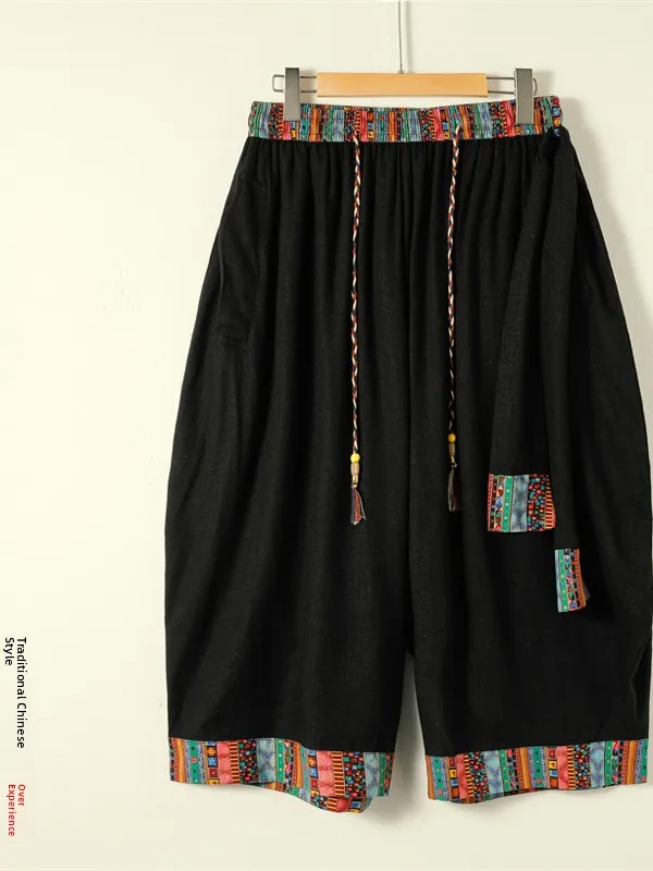 

Casual Linen Men's Seven-Foot Pants Summer Thin New Chinese National Style Skirt Pants Retro Tibetan Loose Leg Pants