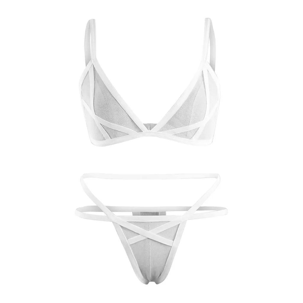 Ladies’ Solid Color Suspender Mesh Perspective Single-layer Underwear Sexy Breathable 1/2 Cup Seamless Non-adjustable Bra Set