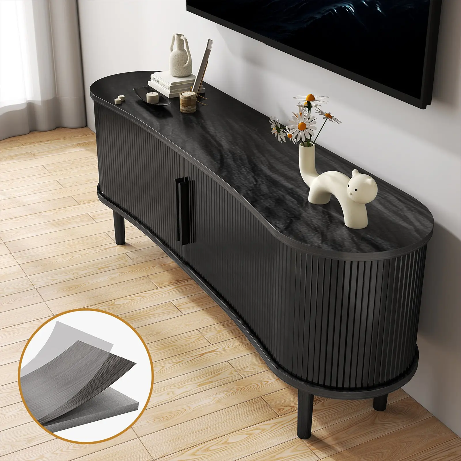 TV Stand MDF Mid Century Modern Media Console Table Entertainment Center with Storage Handle Door for Living Room Office