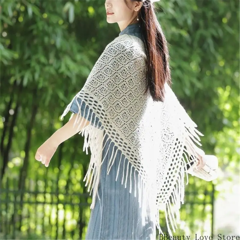

Stylish Women Summer Crochet Shawl Knitted Shoulder Wrap with Tassels For Layering Over Dresses and Casual Daily Wear