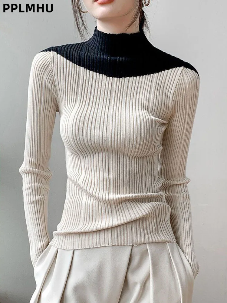 

Half High Collar Patchwork Knitted Sweater Women's Casual Slim Jumpers Fashion Contrasting Color Soft Bottomed Pullovers