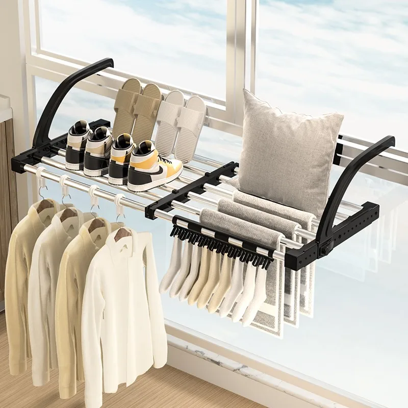 Balcony Drying Racks Foldable Multifunctional Stainless Steel Sock Drying Shelf Window Retractable Drying Clothes And Shoes Rack