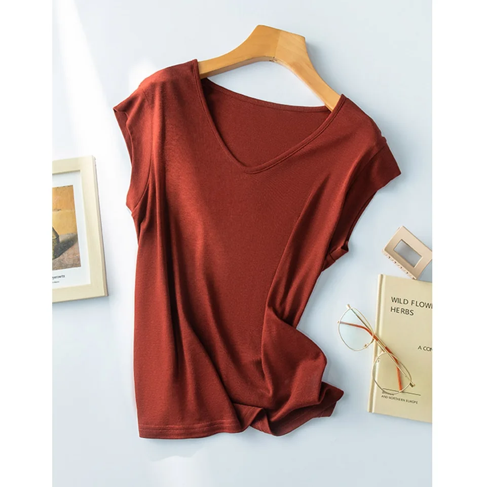 

lyocell silk t shirts top woman red v neck clothes knit tops tee shirt women spring tshirts womens clothing fashion sexy basic