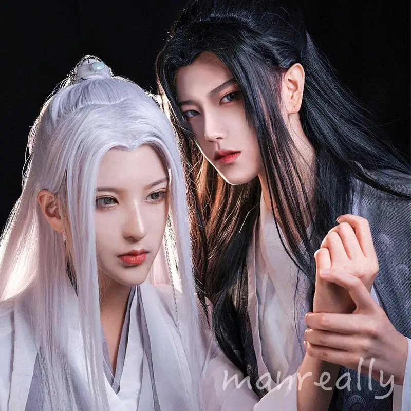 Cosplay Hanfu Wigs Men Women Chinese Traditional Ancient Hanfu Wig Couples Cosplay Headgear Gray White Black Long Straight Wigs