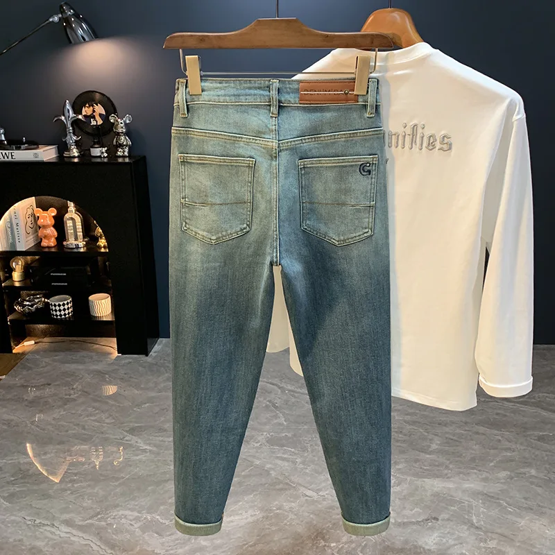 

Модные мужские джинсы с градиентом в стиле ретро, осень 2021, повседневные эластичные облегающие модные брюки с маленькими штанинами
