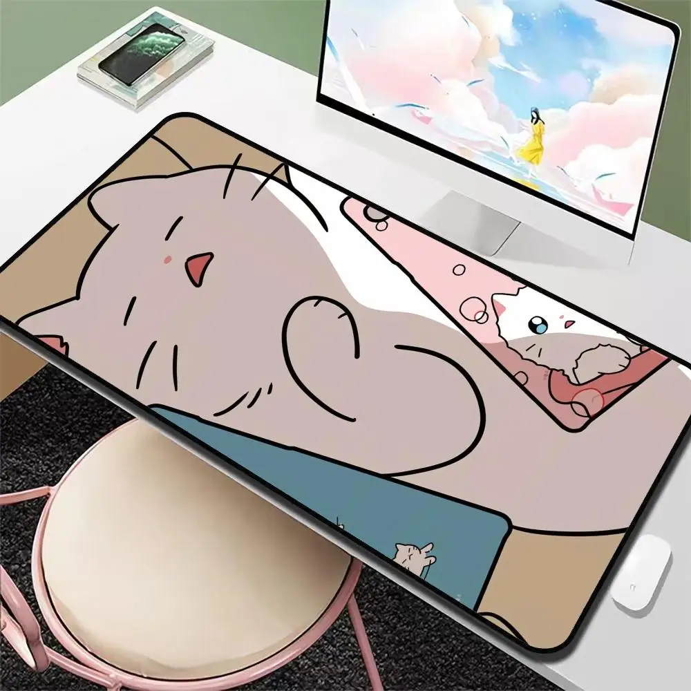 Kawaii Lazy White Cat Large Mouse Pad, Non-slip Desk Mat, Cute Cartoon Fluffy Kitten Gaming Keyboard Pad for Office Home