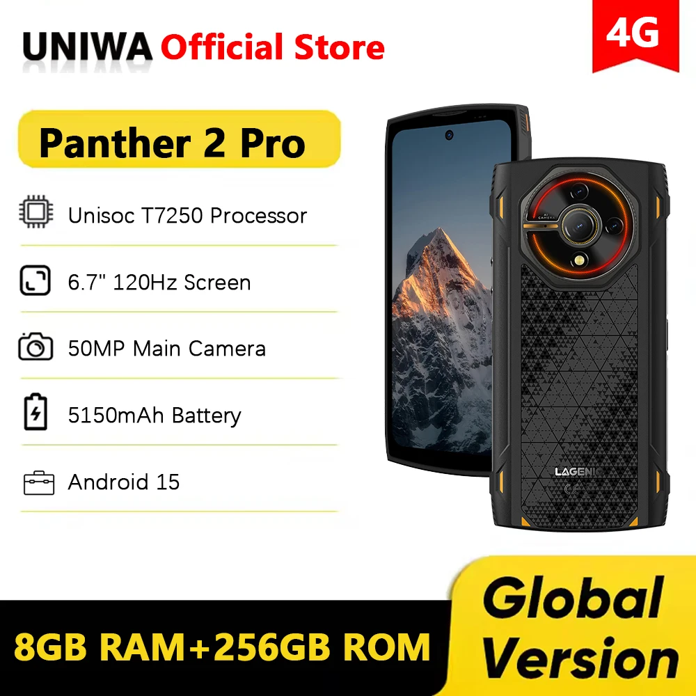 LAGENIO Panther 2 Pro 4G هاتف ذكي رفيع للغاية 6.7 بوصة HD 8GB + 256GB هاتف محمول متين 50MP 5150mAh هاتف محمول أندرويد 15 NFC