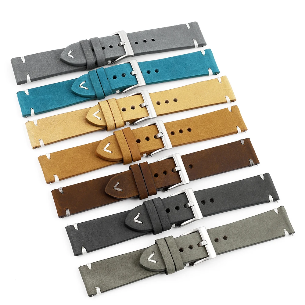 Handmade Watchband 18mm 19mm 20mm  21mm 22mm Genuine Leather Wristband Replace Gray Green Tan Leather Watch Strap for Women Men