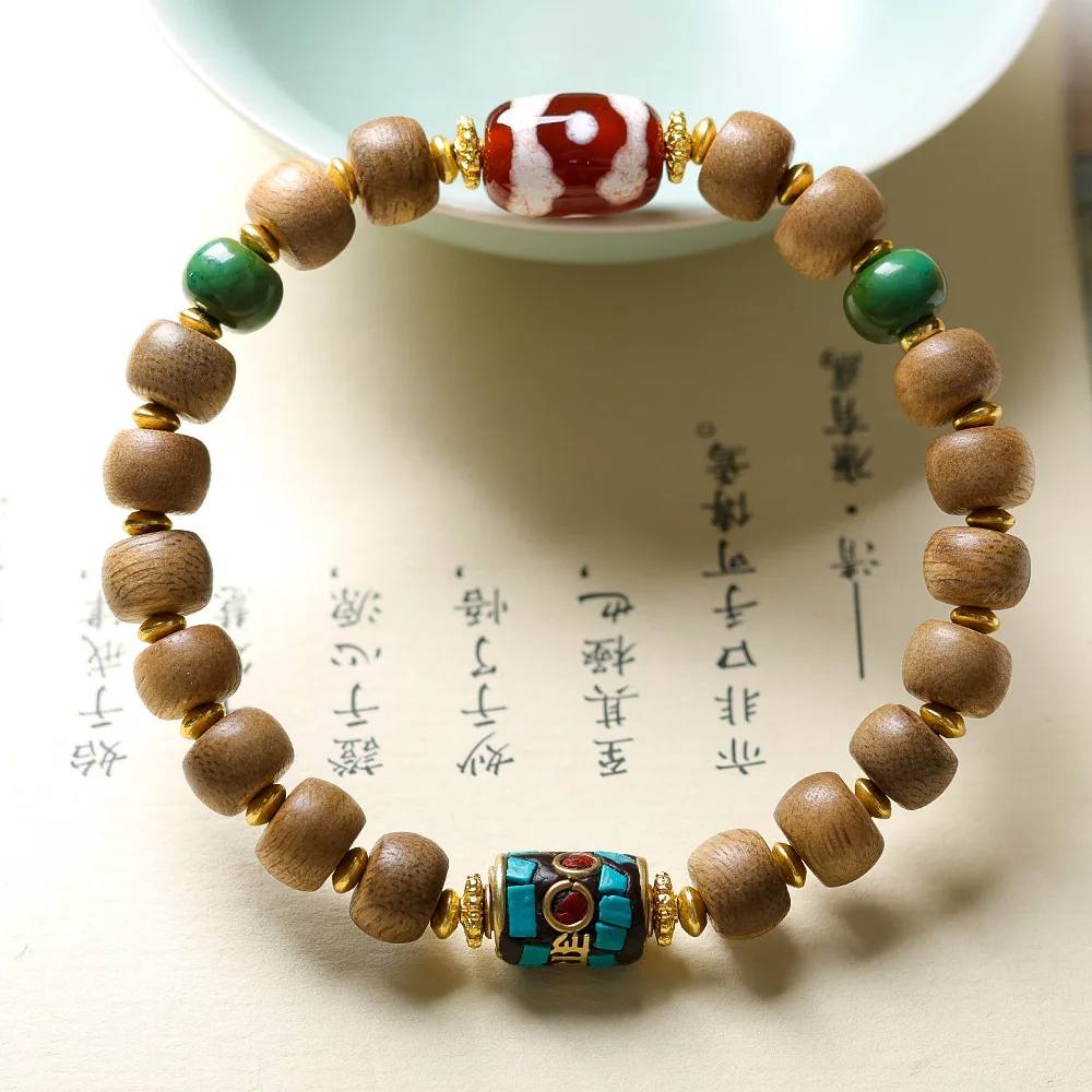 Yellow Agarwood Bead Bracelet with Red Heartwood Three-Eyed Tianzu Beads Nepalese Handmade Bracelet for Women