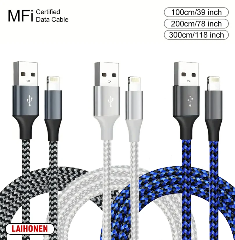 LAIHONEN 1M 2M 3M USB A zu Lightning MFi-zertifiziertes Kabel für iPhone 14 13 12 11 X XR Pro Max Schnellladekabel Ladegerät Datenkabel 3