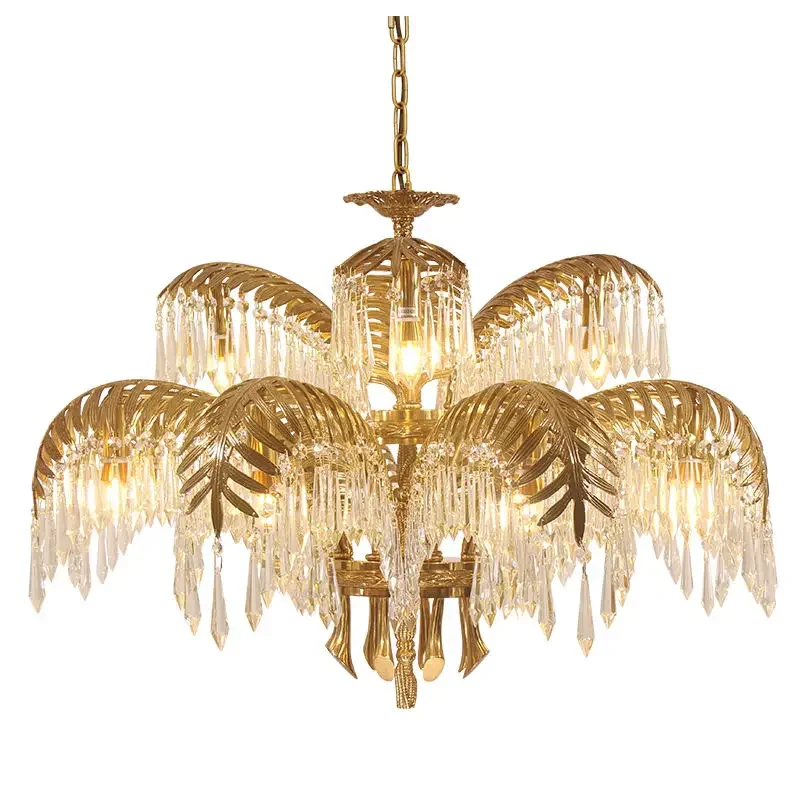 European French Style Villa Hotel Empire Luxury Crystal Lights Brass Pendant Lamp Victorian Palm Bronze Chandelier