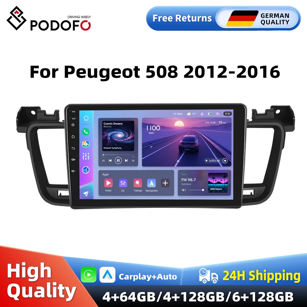 Podofo CarPlay Android Radio pour Peugeot 508 2012-2016 autoradio 2 DIn GPS FM systèmes intelligents Bluetooth WIFI FM RDS