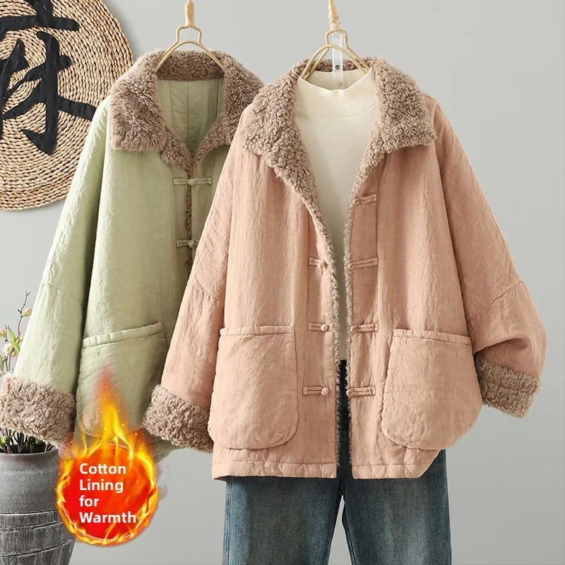 

Элегантная женская куртка большого размера из льна и хлопка с меховым воротником, пуговицами на плечах и свободным кроем