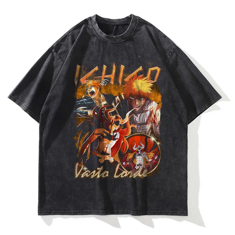 Anime Bleach Vintage Washed  T-shirt Kurosaki Ichigo T Shirts Oversized Short Sleeve Streetwear Retro Manga Ulquiorra Tops Tees