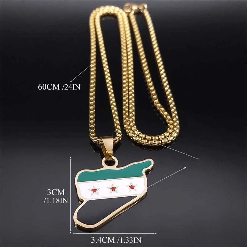 New Syrian Map Flag Necklace, Vintage Stainless Steel Oil Dripping Sweater Pendant