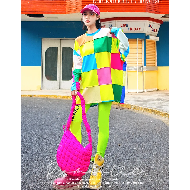 

2026 Spring New Contrasting Color Splicing Color Square Casual T-shirt Trendy Brand Loose Bottoming Shirt Sweatshirt Women