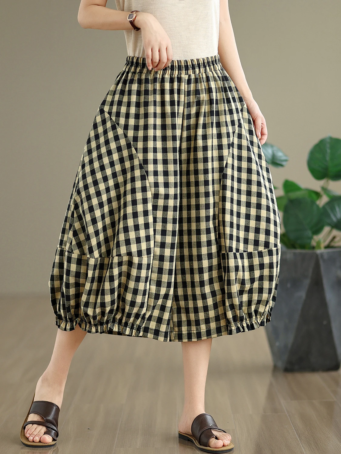 2025年夏 レディース チェック柄 カジュアルパンツ ハイウエスト 綿麻 ランタンパンツ スリム効果 花柄パンツ トレンド 美尻パンツ